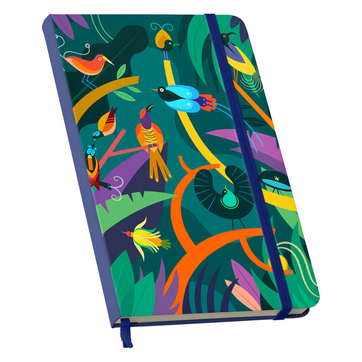 Taccuino Uccelli del paradiso dell'album Taccuini selvatici di Silvia Mauri: copertina soft touch in 8 colori, con chiusura e segnalibro coordinati