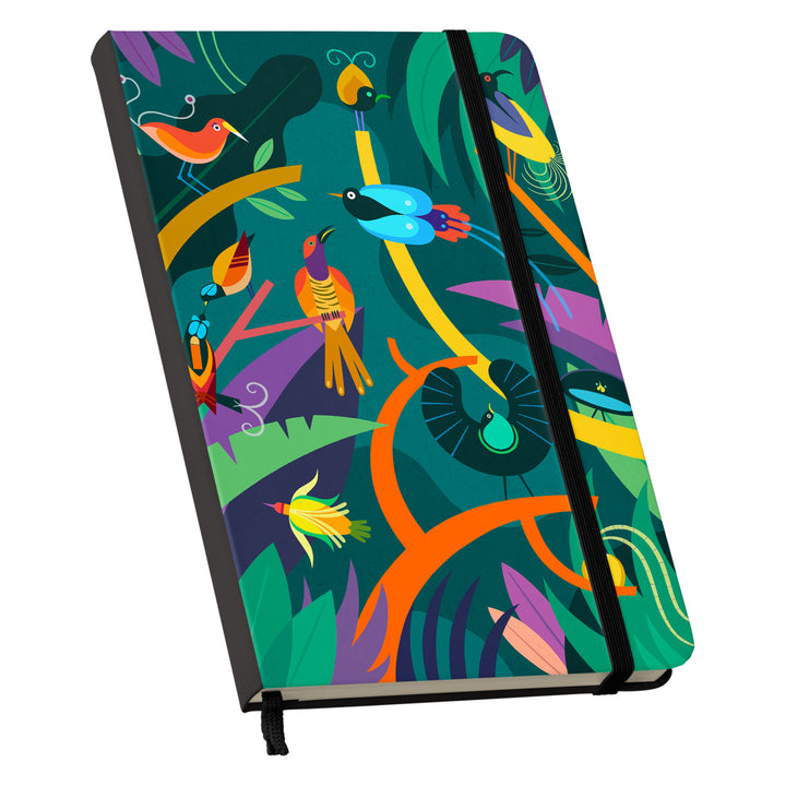 Taccuino Uccelli del paradiso dell'album Taccuini selvatici di Silvia Mauri: copertina soft touch in 8 colori, con chiusura e segnalibro coordinati