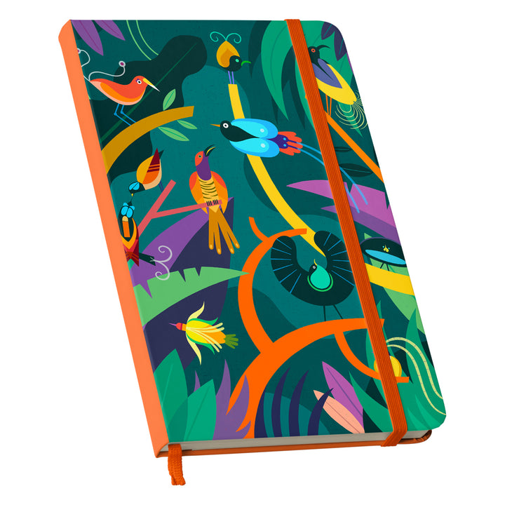 Taccuino Uccelli del paradiso dell'album Taccuini selvatici di Silvia Mauri: copertina soft touch in 8 colori, con chiusura e segnalibro coordinati