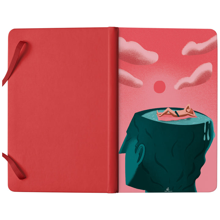 Taccuino Testavacanza disegno puro dell'album Taccuini per viaggiare (anche con la mente) di Elisa Lanconelli: copertina soft touch in 8 colori, con chiusura e segnalibro coordinati