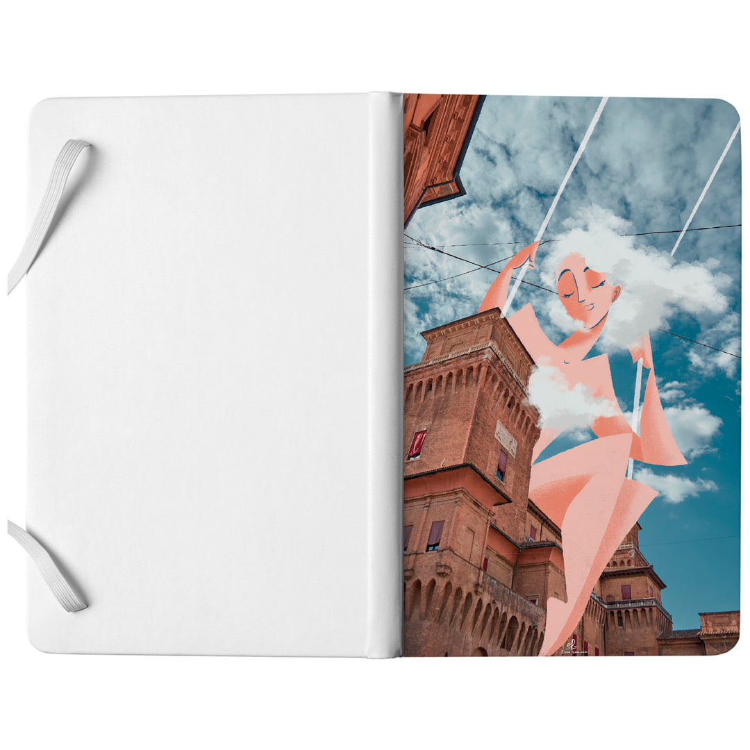 Taccuino Ferrara dell'album Taccuini per viaggiare (anche con la mente) di Elisa Lanconelli: copertina soft touch in 8 colori, con chiusura e segnalibro coordinati