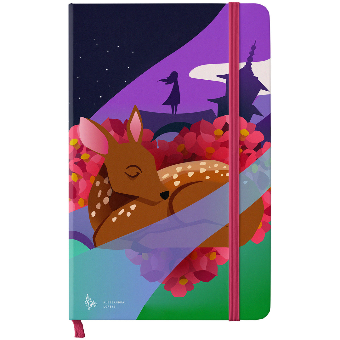 Taccuino Nara dell'album Japan Vibes Taccuini di Alessandra Loreti: copertina soft touch in 8 colori, con chiusura e segnalibro coordinati