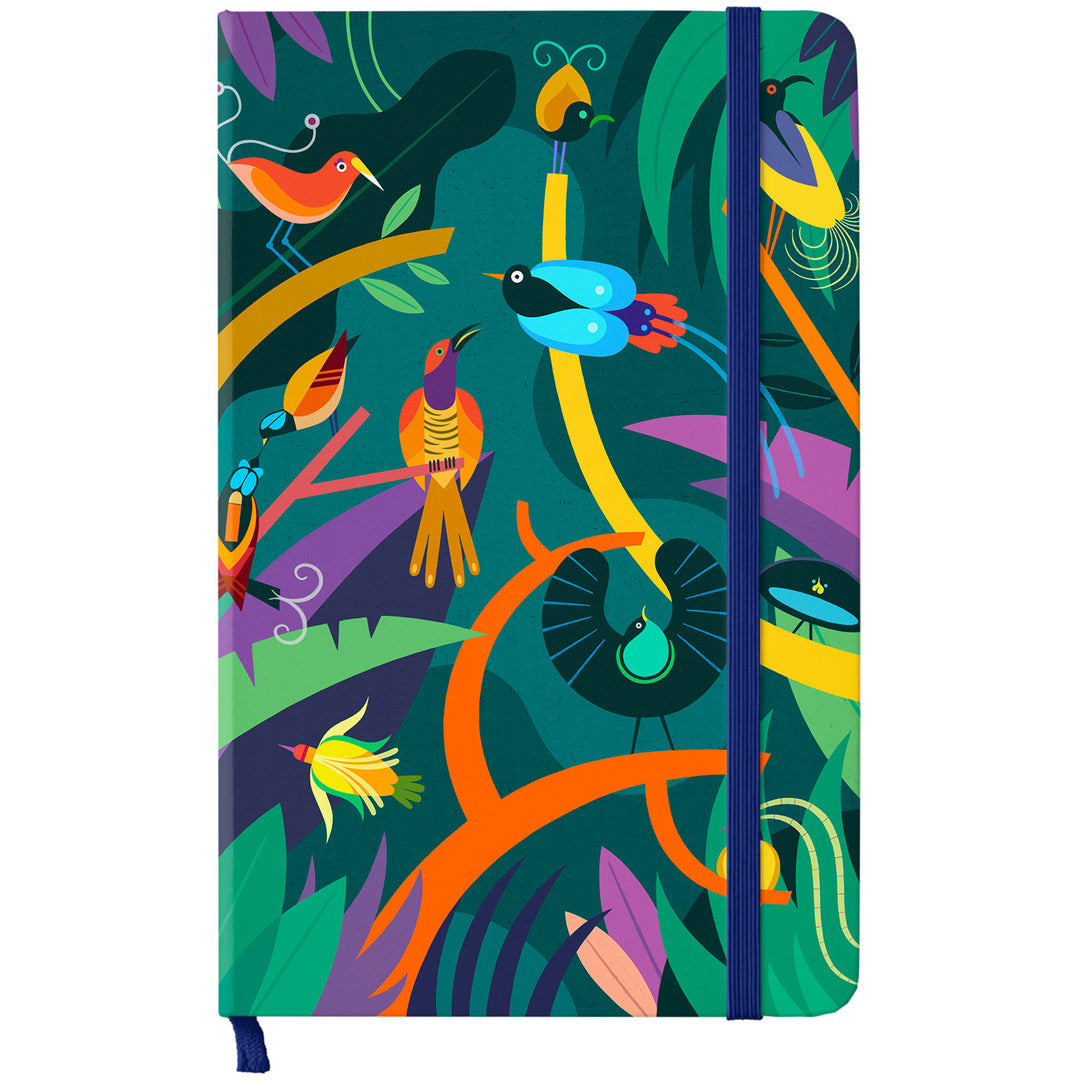Taccuino Uccelli del paradiso dell'album Taccuini selvatici di Silvia Mauri: copertina soft touch in 8 colori, con chiusura e segnalibro coordinati