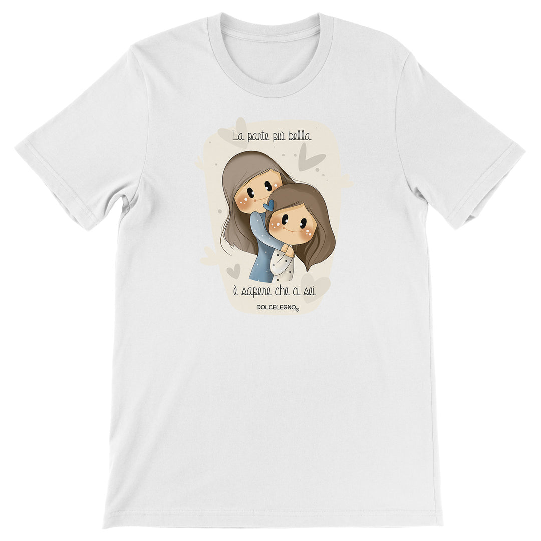 Maglietta Sapere che ci sei dell'album L'amore è nell'aria di DOLCELEGNO, T-Shirt uomo donna e bambino a maniche corte in cotone con girocollo