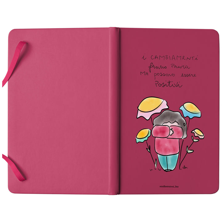 Taccuino I cambiamenti dell'album Taccuini positivi di Minillustrazioni_linz: copertina soft touch in 8 colori, con chiusura e segnalibro coordinati